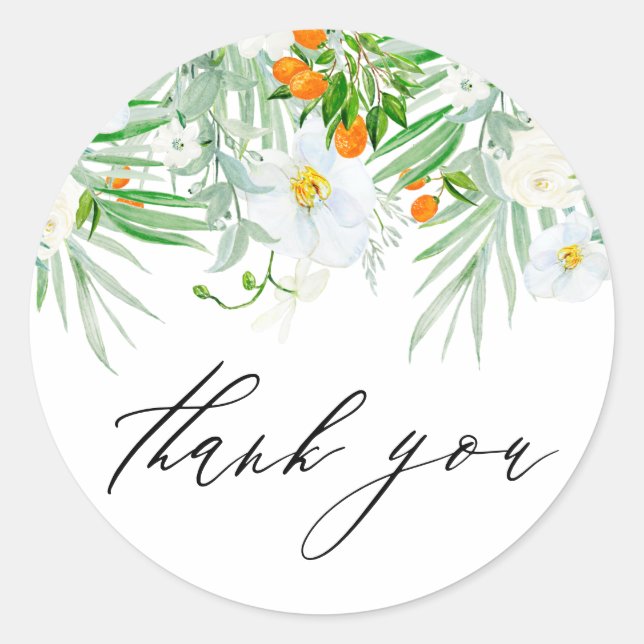 Pegatina Redonda Orquídeas acuarelas y Kumquats Verano Gracias (Anverso)
