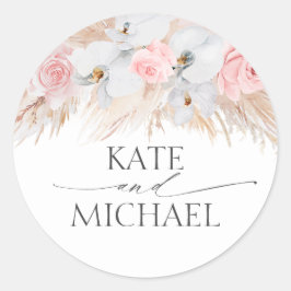 Pegatina Redonda Orquídeas blancas y Boda rosado de pampas