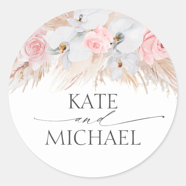 Pegatina Redonda Orquídeas blancas y Boda rosado de pampas (Anverso)