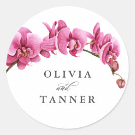 Pegatina Redonda Orquídeas de acuarela rosa caliente Boda tropical
