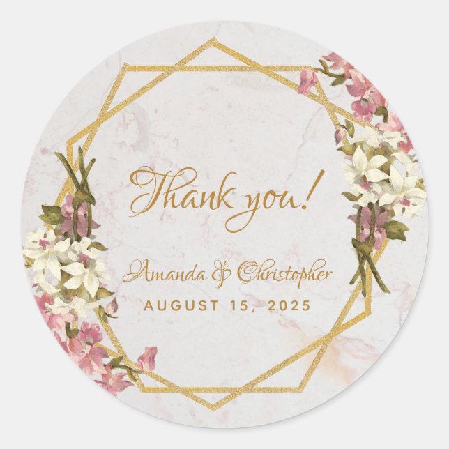 Pegatina Redonda Orquídeas de oro de mármol geométrico floral Favor (Anverso)