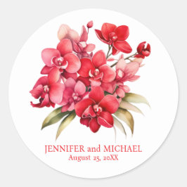 Pegatina Redonda Orquídeas Rojas Flores Boda Floral