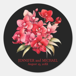 Pegatina Redonda Orquídeas Rojas Flores Boda Floral