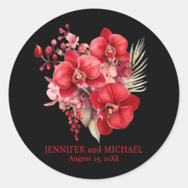 Pegatina Redonda Orquídeas Rojas Flores Boda Floral