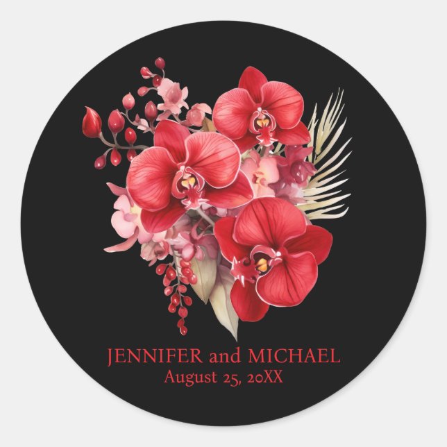 Pegatina Redonda Orquídeas Rojas Flores Boda Floral (Anverso)
