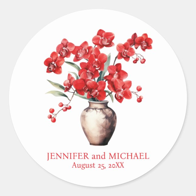Pegatina Redonda Orquídeas Rojas Flores Boda Floral (Anverso)