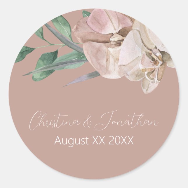 Pegatina Redonda Orquídeas románticas en acuarela sobre rosa polvor (Anverso)