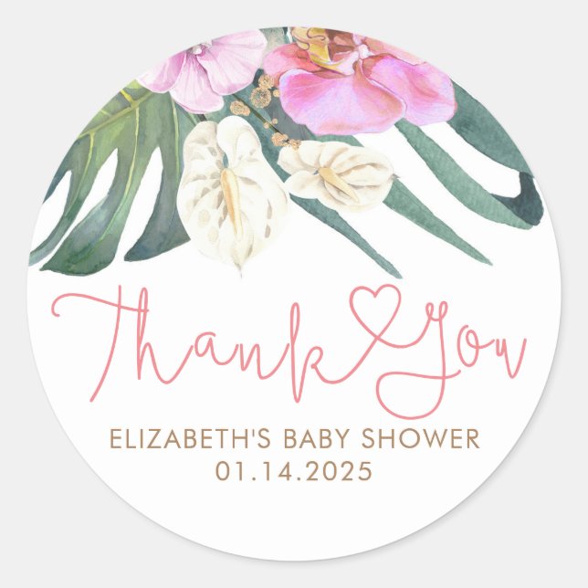 Pegatina Redonda Orquídeas Rosadas Anthuriums Tropical Gracias (Anverso)