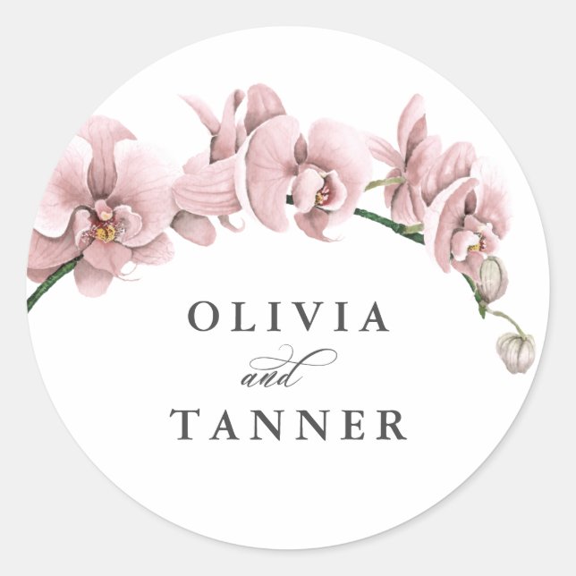 Pegatina Redonda Orquídeas rosas acuarelas Boda del paraíso tropica (Anverso)