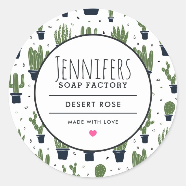 Pegatina Redonda Oscuro Green Cactus Desert Pattern Candle Soap Sce (Anverso)