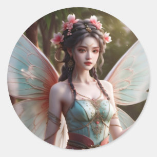 Pegatina Redonda Oscuro Haired Pink and Green Spring Fantasy