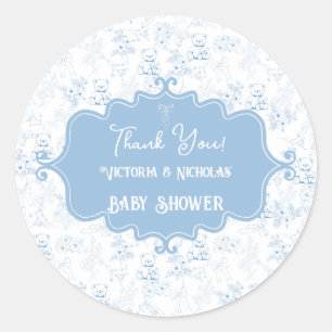 Pegatina Redonda Osito de Peluche Cumpleaños Baby Shower Toile Azul