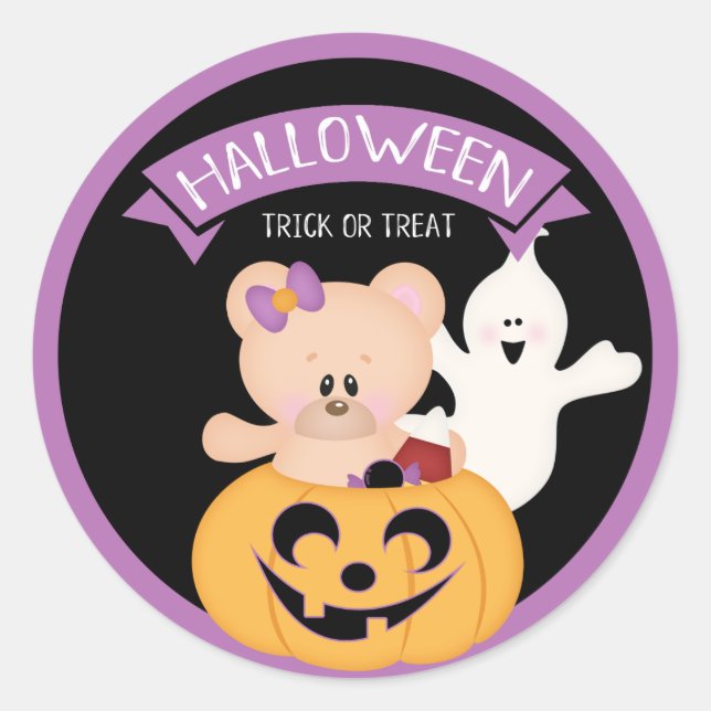 Pegatina Redonda Osito de peluche de Halloween en calabaza (Anverso)