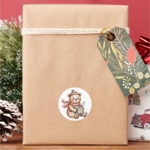 Pegatina Redonda Osito de peluche de Navidad adorable con regalo en