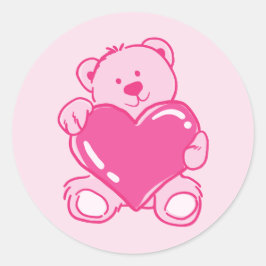 Pegatina Redonda Osito de peluche rosa adorable con corazón para re