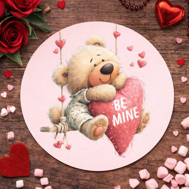 Pegatina Redonda Osito de San Valentín: corazón colgante (Subido por el creador)