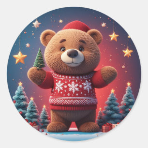Pegatina Redonda Oso Adorable con Jersey de Navidad