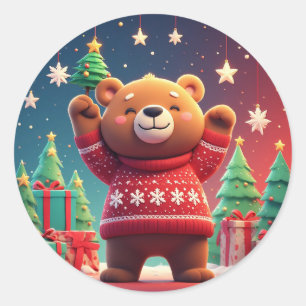 Pegatina Redonda Oso Adorable con Jersey de Navidad