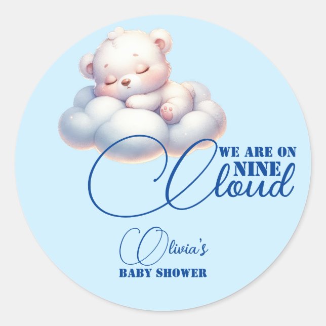 Pegatina Redonda Oso azul Estamos en la nube nueve Baby Shower (Anverso)