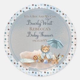 Pegatina Redonda Oso | Baby Shower Blue Umbrella Bearly Wait Boy