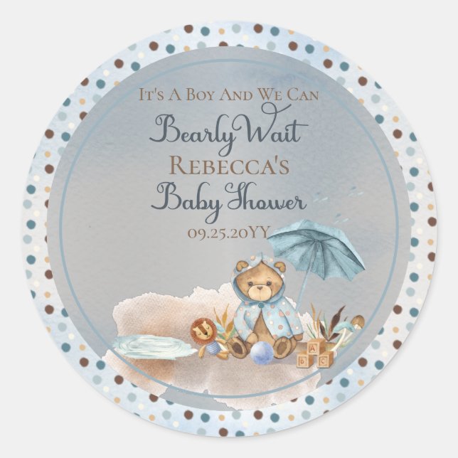 Pegatina Redonda Oso | Baby Shower Blue Umbrella Bearly Wait Boy (Anverso)