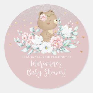 Pegatina Redonda Oso Baby Shower Floral Brillo Rosa Suave