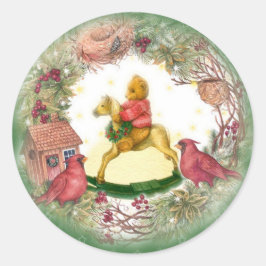 Pegatina Redonda Oso bebé en el cardenal de caballos rocosos