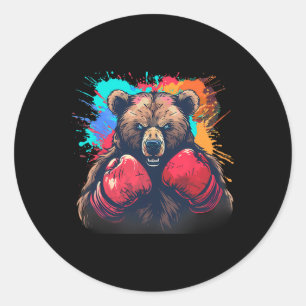 Pegatina Redonda Oso boxeador con guantes de boxeo kickboxing diver