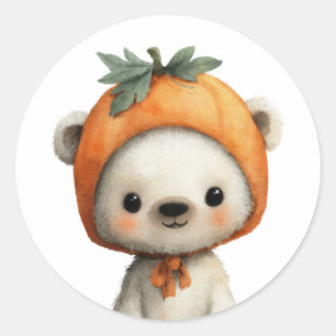 Pegatina Redonda Oso Cachorro Lindo con Sombrero de Calabaza Animal