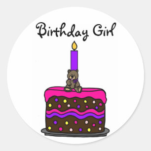 Pegatina Redonda Oso chica en tarta de cumpleaños - Personalizado
