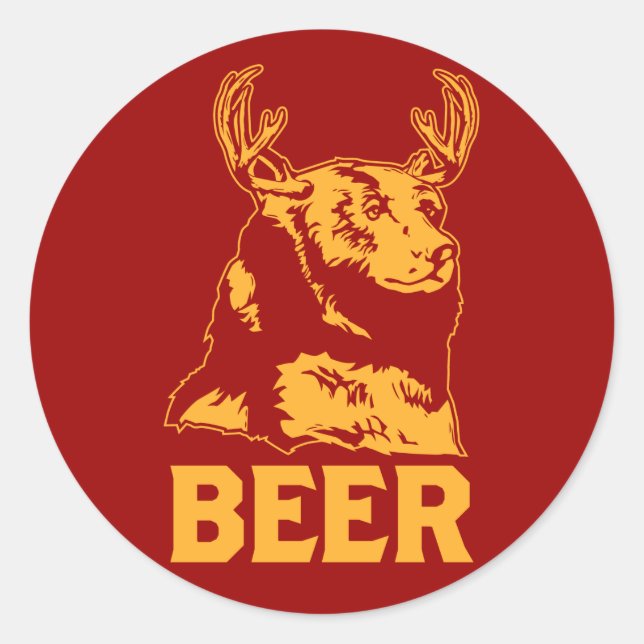 Pegatina Redonda Oso + ciervo = cerveza (Anverso)