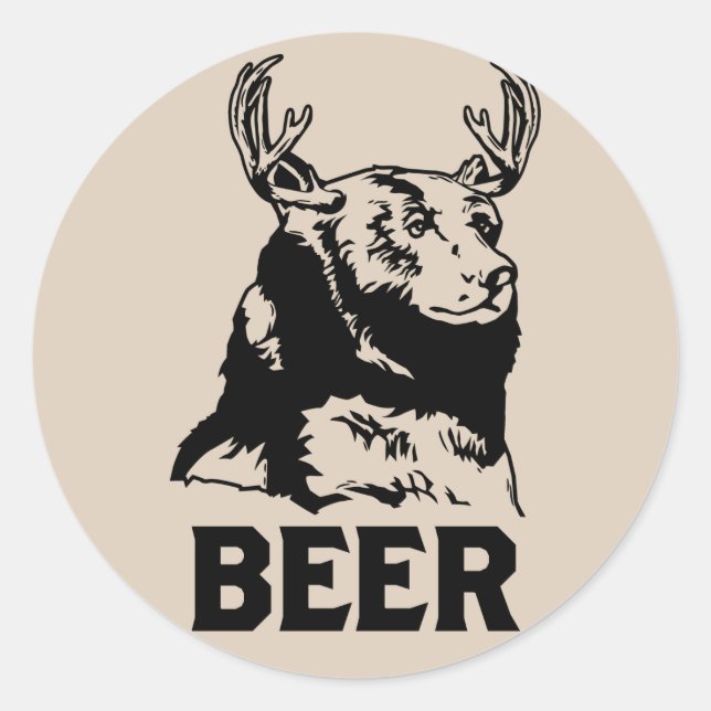 Pegatina Redonda Oso + ciervo = cerveza (Anverso)