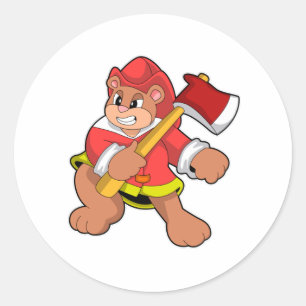 Pegatina Redonda Oso como bombero con hacha