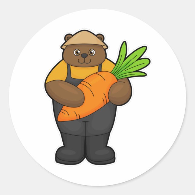 Pegatina Redonda Oso como granjero con zanahoria (Anverso)