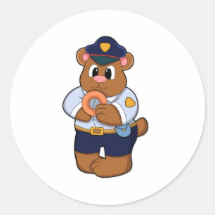 Pegatina Redonda Oso como oficial de policía con uniforme policial