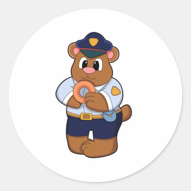 Pegatina Redonda Oso como oficial de policía con uniforme policial  (Anverso)