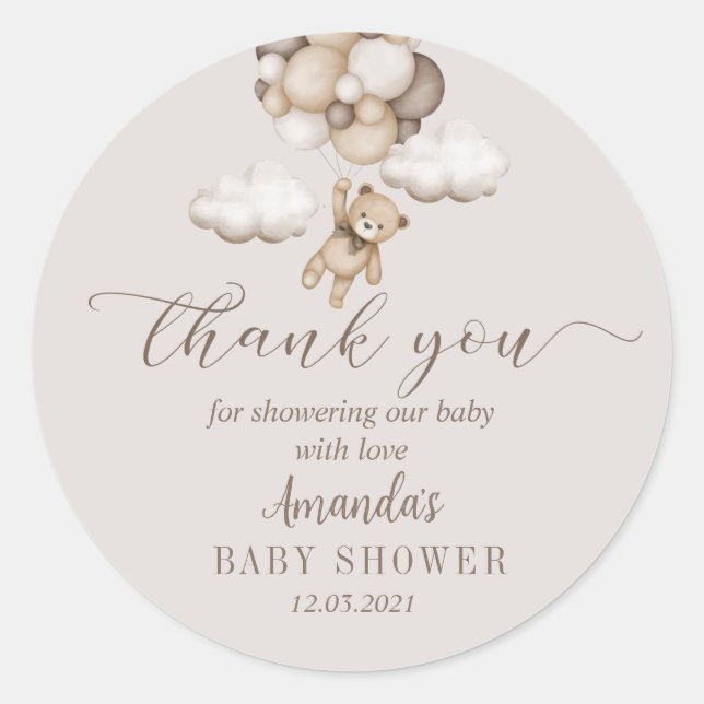 Pegatina Redonda Oso Con Globos Gracias (Anverso)