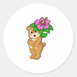 Pegatina Redonda Oso con hibiscus flor