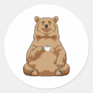 Pegatina Redonda Oso con taza de café