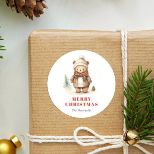 Pegatina Redonda Oso Cute de Acuarela Feliz Navidad Fiesta