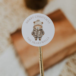 Pegatina Redonda Oso Cute de Acuarela Personalizado Feliz Navidad