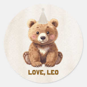 Pegatina Redonda Oso De Acuarela Lindo Bosque Cumpleaños Clásico Re