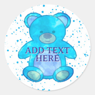Pegatina Redonda Oso De Bebé Cuidado En Personalizado Azul Texto