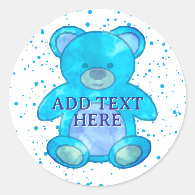 Pegatina Redonda Oso De Bebé Cuidado En Personalizado Azul Texto (Anverso)