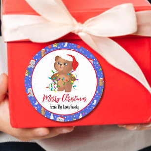 Pegatina Redonda Oso de bebé lindo con Feliz Navidad de zoológico