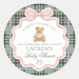 Pegatina Redonda Oso de lazo coqueto rosa favor de baby shower de t