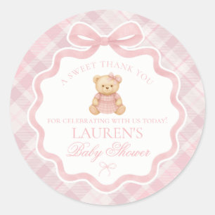 Pegatina Redonda Oso de lazo coqueto rosa favor de baby shower de t
