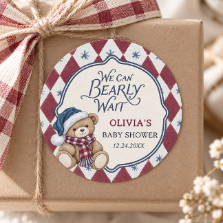 Pegatina Redonda Oso de Navidad Chico Elegante Baby Shower