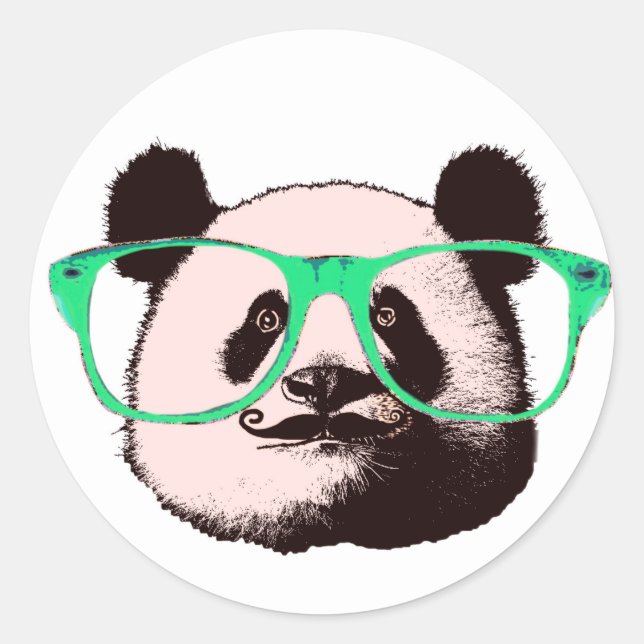 Pegatina Redonda Oso de panda al vapor en gafas con bigote (Anverso)