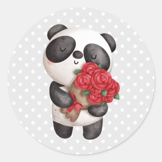 Pegatina Redonda Oso de Panda con Rose Bouquet (Anverso)